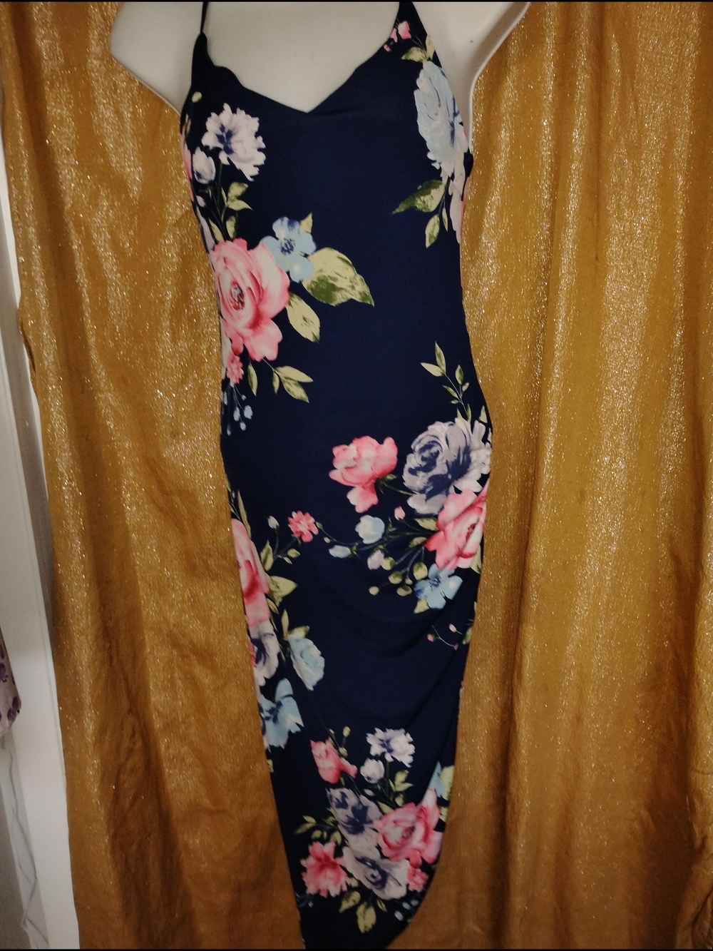 Navy Blue Floral Asymmetrical Slit Dress -tagless